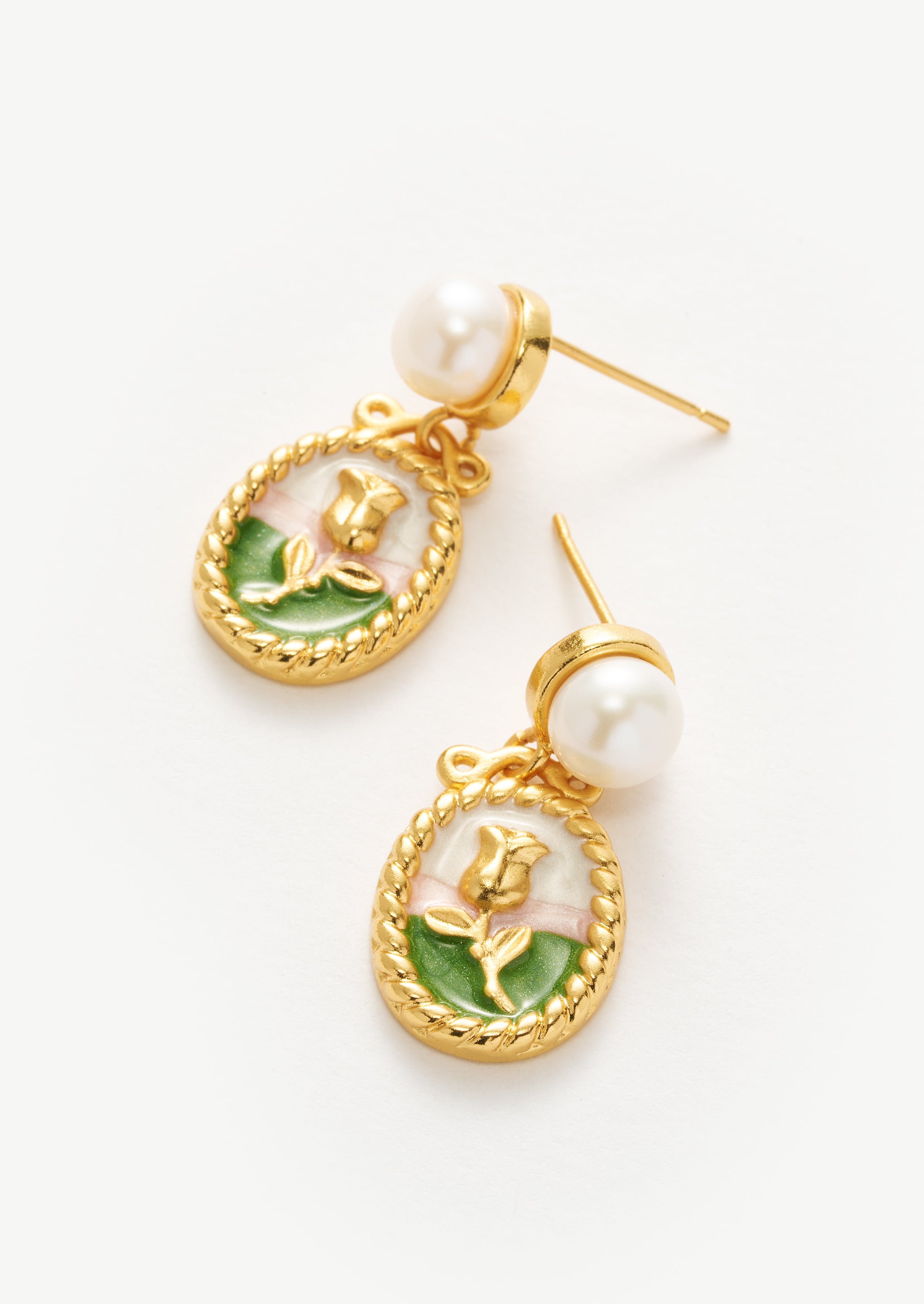18K Gold-Plated Brass Rose Wreath Stud Earrings with Imitation Pearl