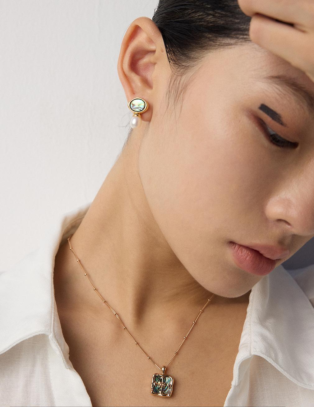 S925 Silver Shell Pendant Necklace - Vintage Iridescent Abalone Earrings Set in Gold Plated or White Gold
