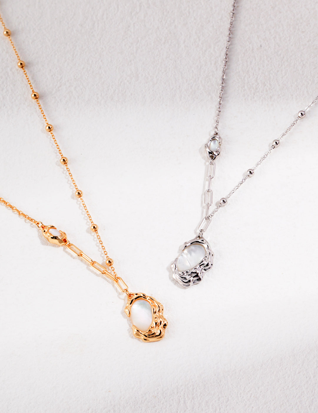 S925 Sterling Silver - White Gold & Vintage Gold Plated Mother of Pearl Necklace, Iridescent Shell Pendant Adjustable Chain