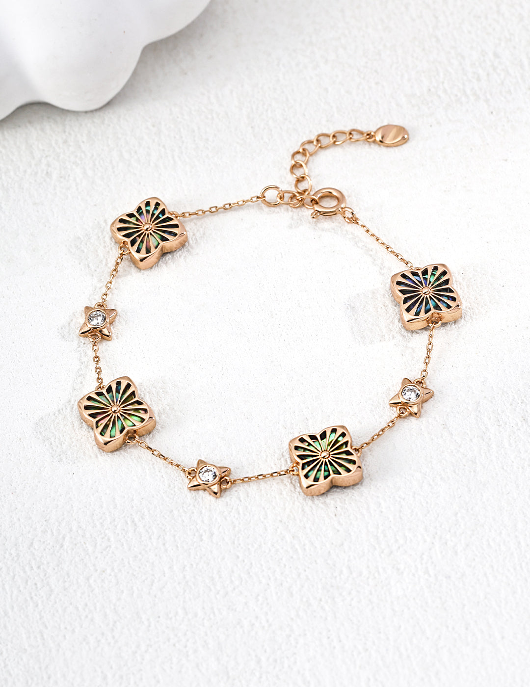 S925 Sterling Silver Modern Clover Shell & Cubic Zirconia Jewelry Set-Adjustable Bracelet & Earrings