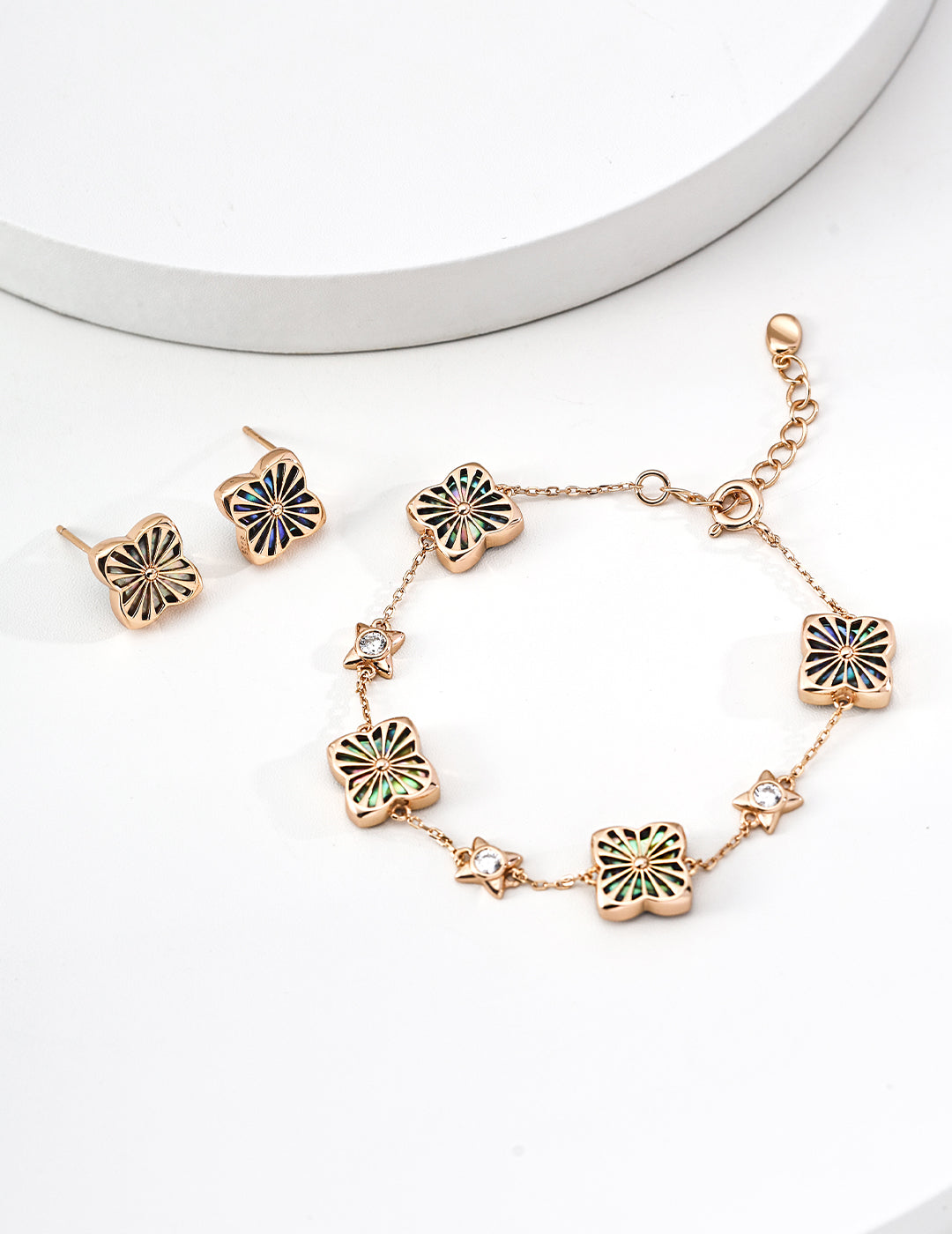 S925 Sterling Silver Modern Clover Shell & Cubic Zirconia Jewelry Set-Adjustable Bracelet & Earrings