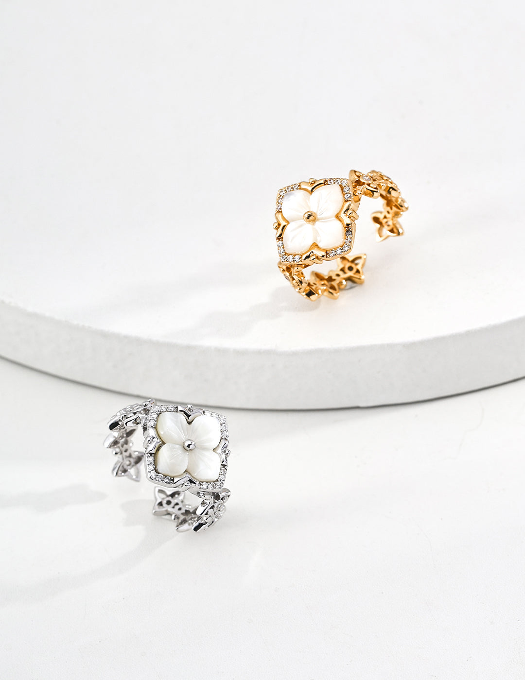S925 Sterling Silver Vintage Royal Clover Shell & Cubic Zirconia Ring & Earrings & Necklace Set