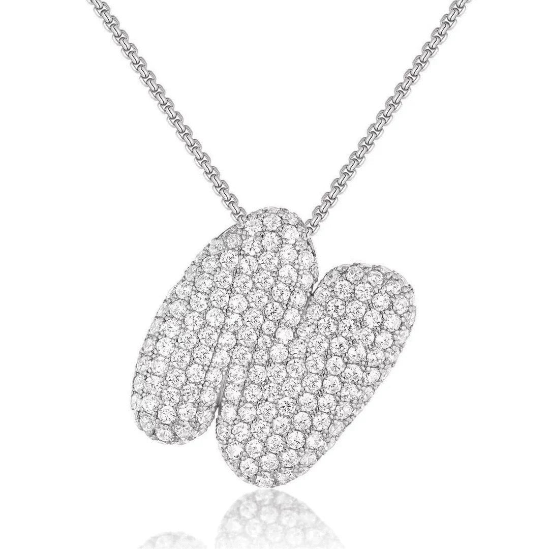 Fashion Bubble Letter Necklace – 26 Initial Pendant with Sparkling Zircon Design