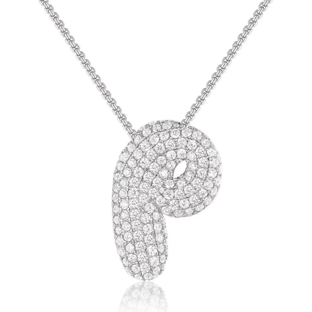 Fashion Bubble Letter Necklace – 26 Initial Pendant with Sparkling Zircon Design