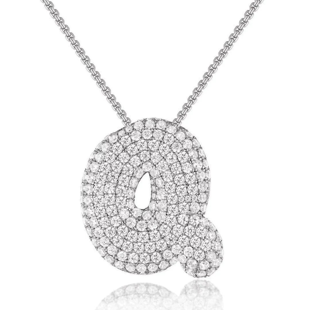 Fashion Bubble Letter Necklace – 26 Initial Pendant with Sparkling Zircon Design