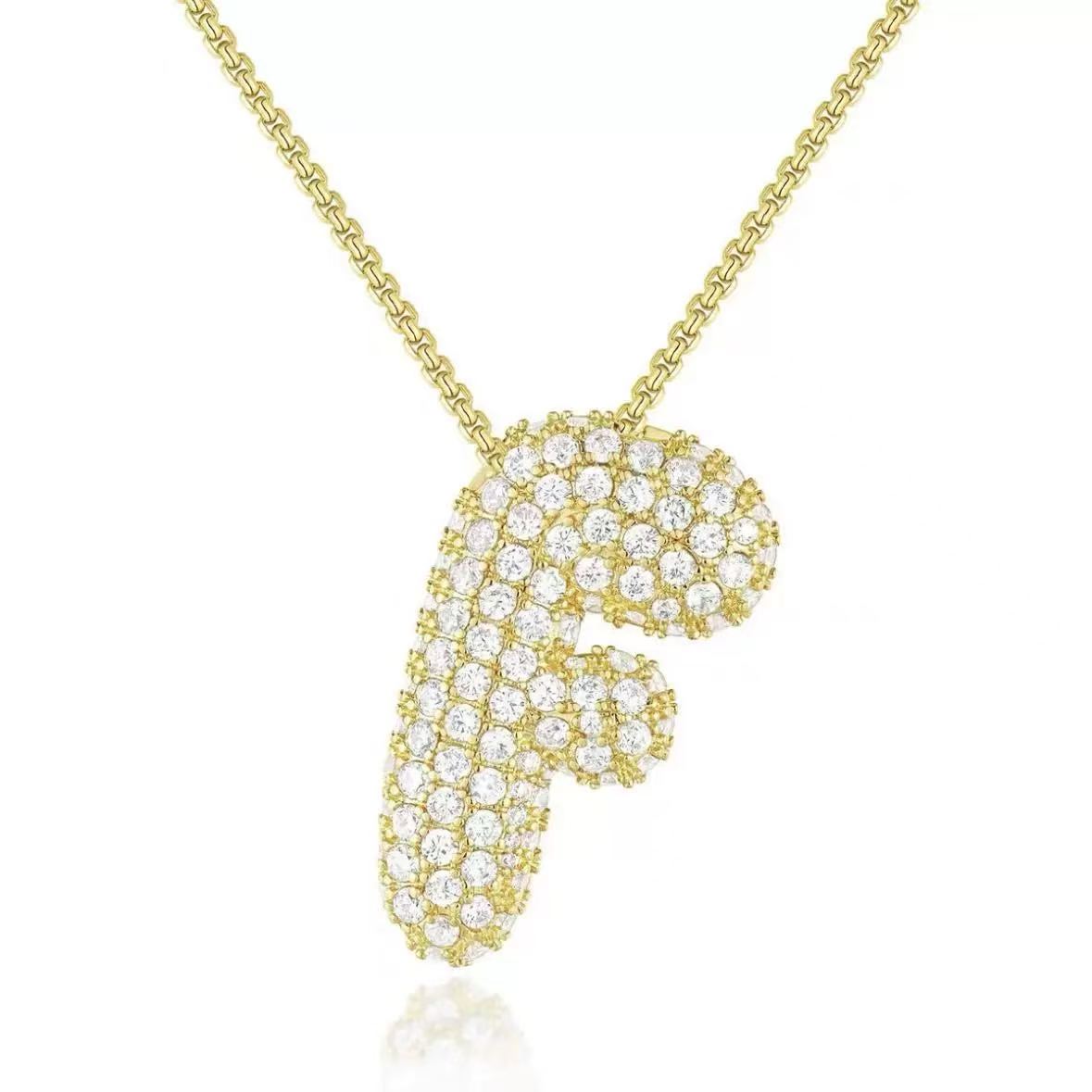 Fashion Bubble Letter Necklace – 26 Initial Pendant with Sparkling Zircon Design