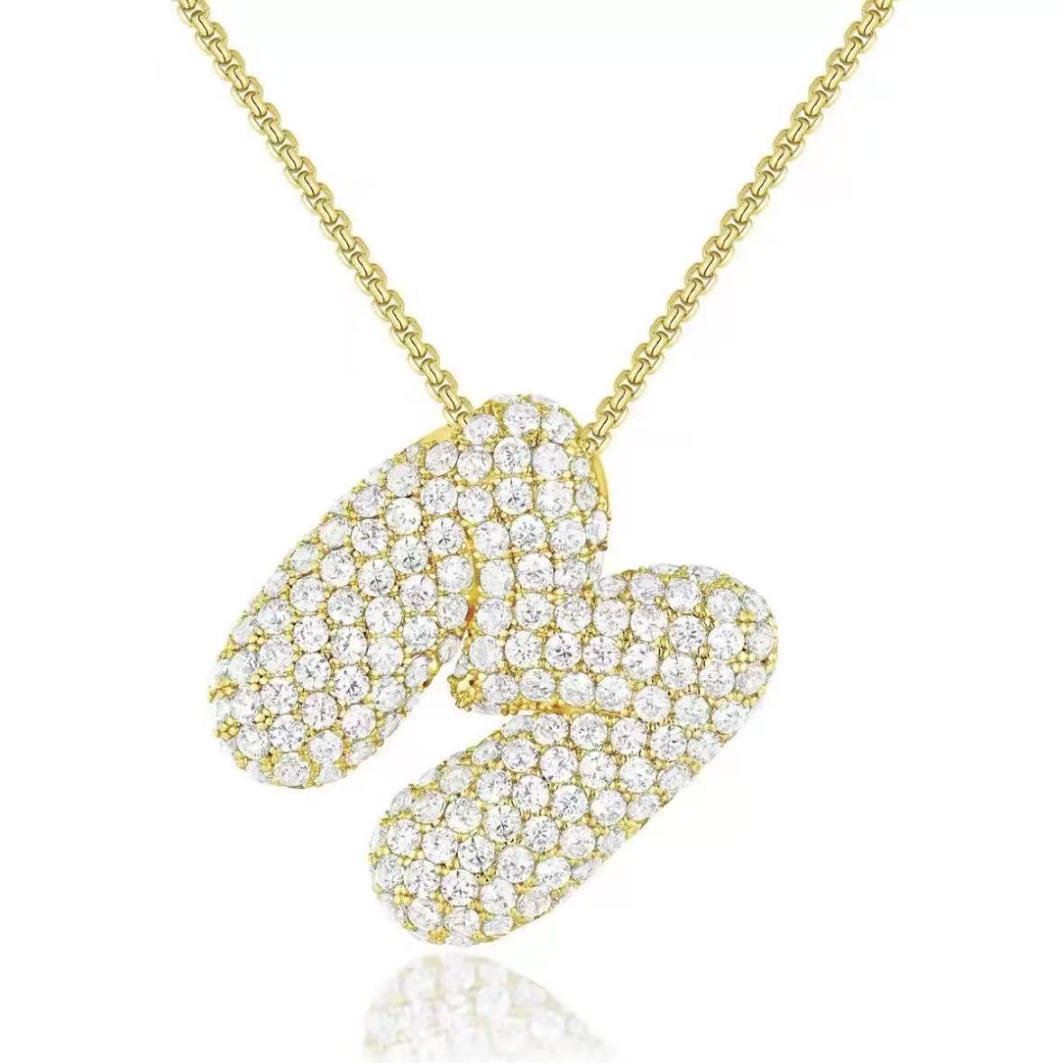 Fashion Bubble Letter Necklace – 26 Initial Pendant with Sparkling Zircon Design