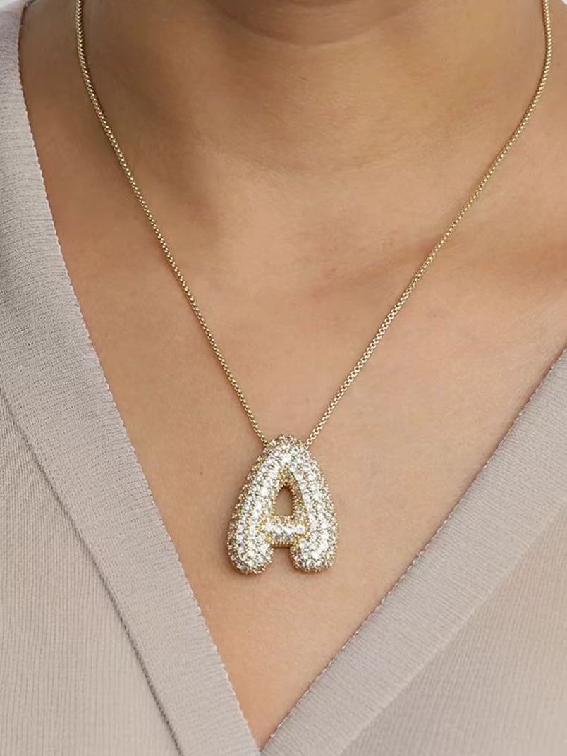 Fashion Bubble Letter Necklace – 26 Initial Pendant with Sparkling Zircon Design