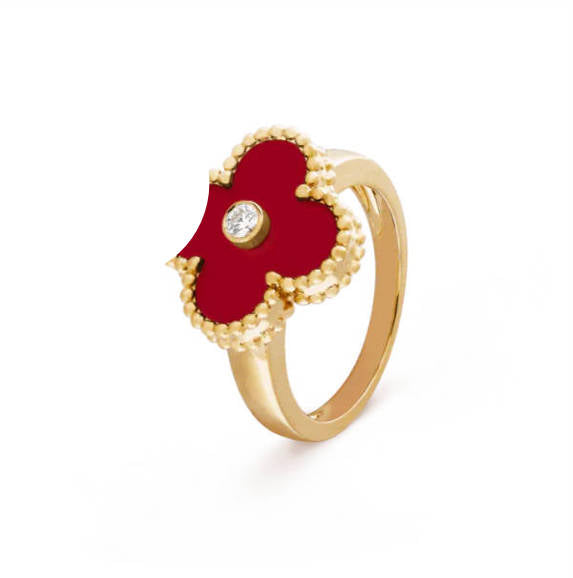 Red carnelian clover leaf ring with 18K gold plating
