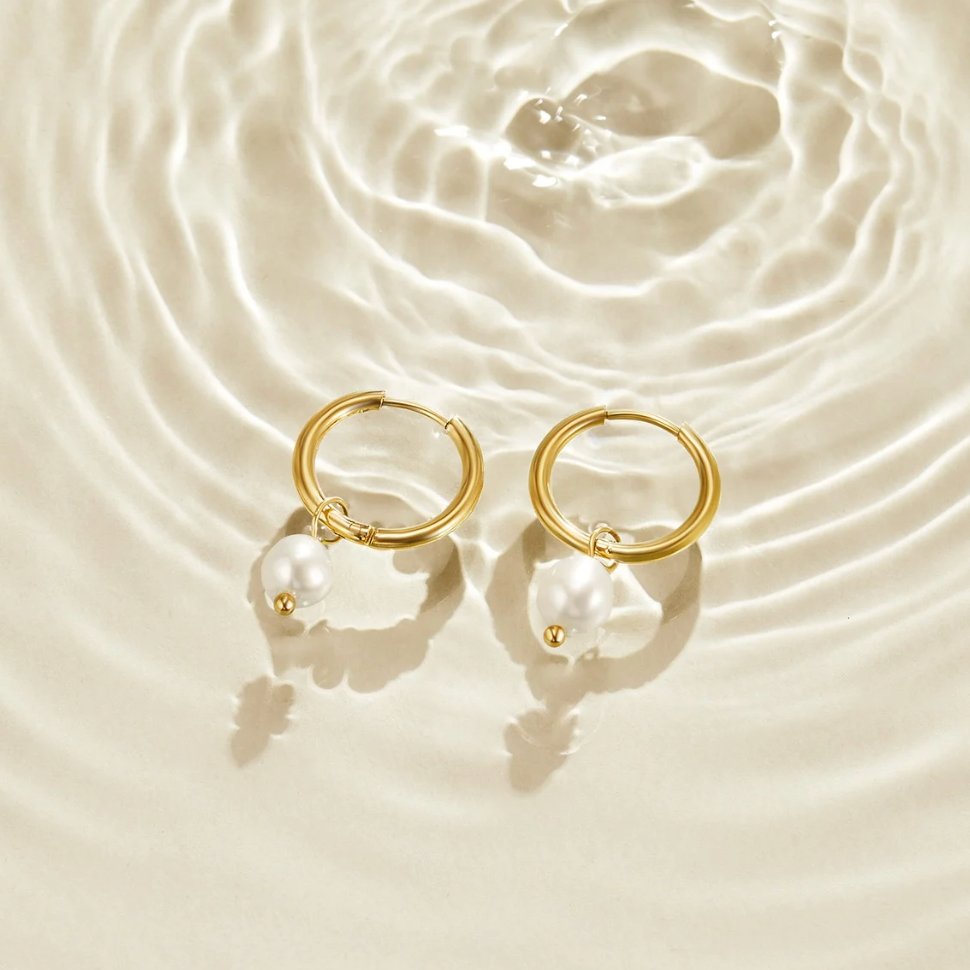 18K Gold-Plated Stainless Steel Freshwater Pearl Hoop Earrings