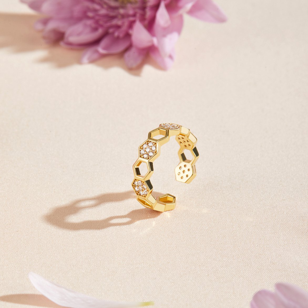 18K Gold-Plated Stainless Steel Crystal Honeycomb Ring