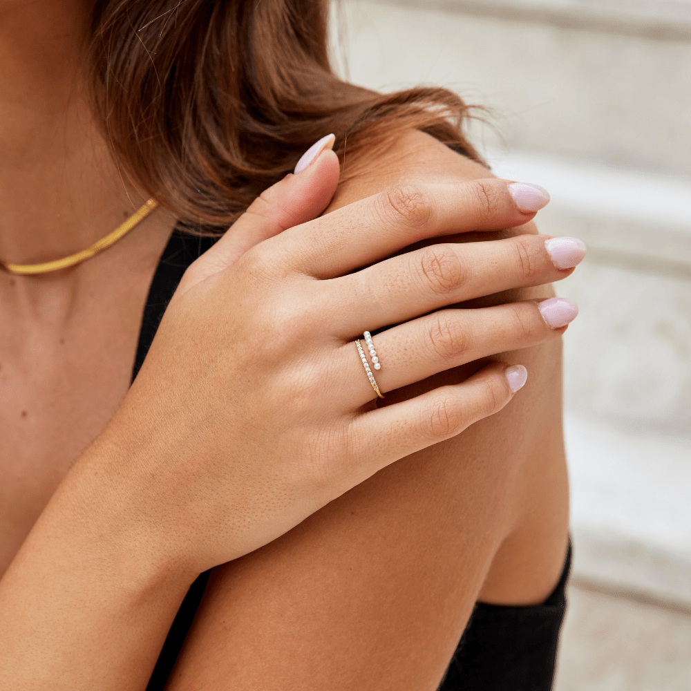 18K Gold-Plated Stainless Steel Wrap Ring with Pearl and Crystal