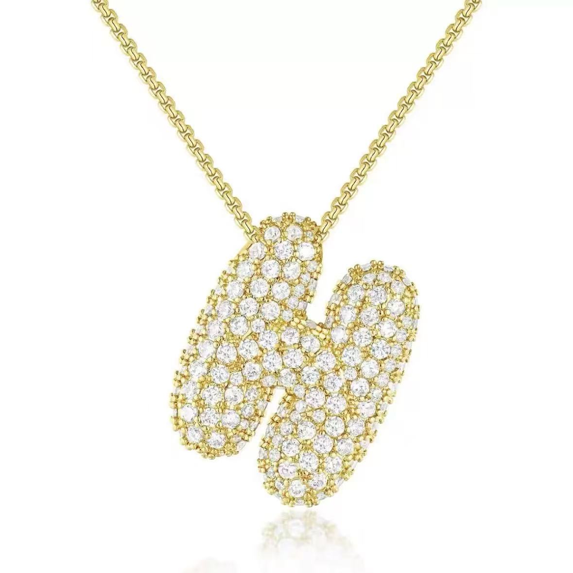 Fashion Bubble Letter Necklace – 26 Initial Pendant with Sparkling Zircon Design