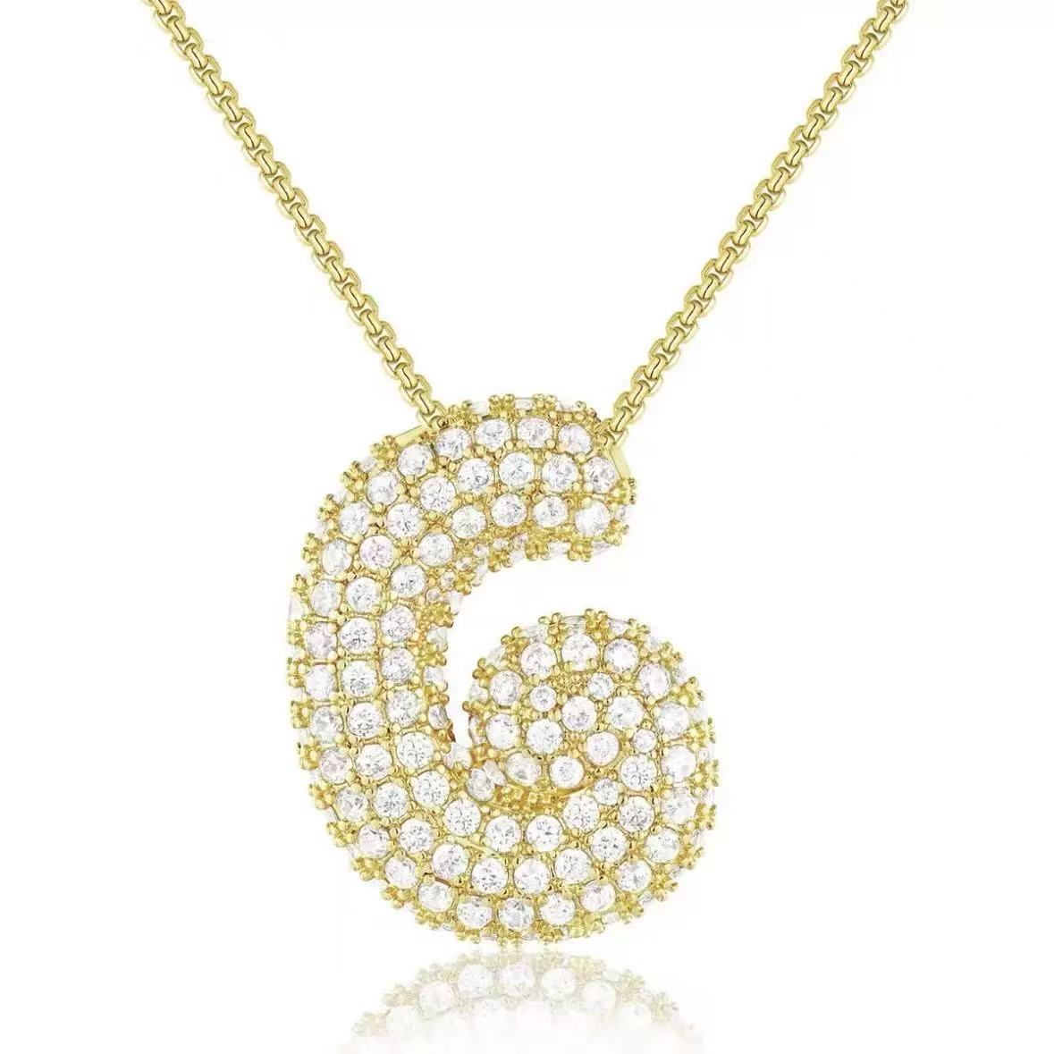 Fashion Bubble Letter Necklace – 26 Initial Pendant with Sparkling Zircon Design