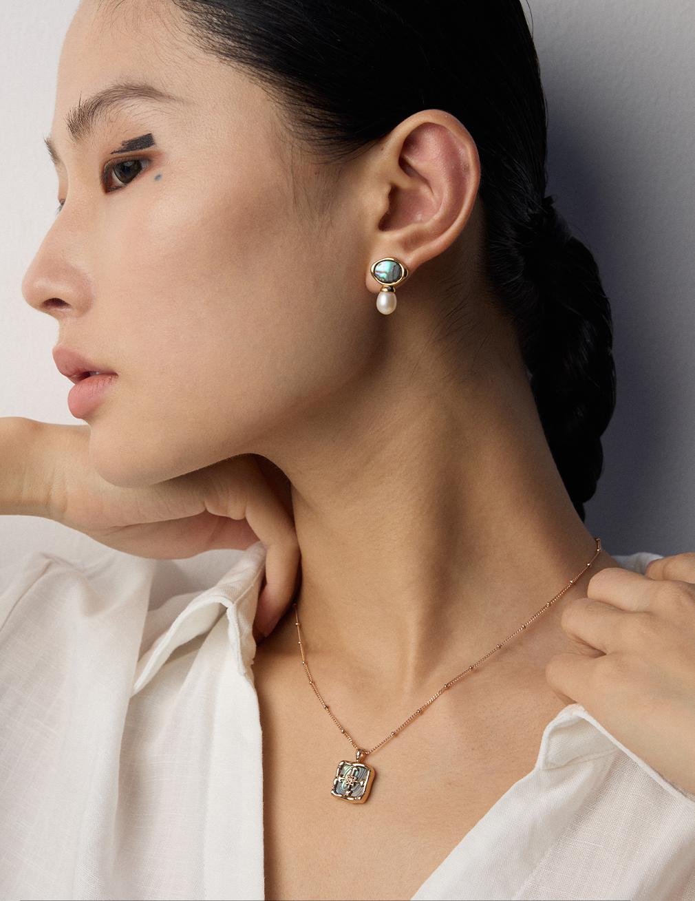 S925 Silver Shell Pendant Necklace - Vintage Iridescent Abalone Earrings Set in Gold Plated or White Gold