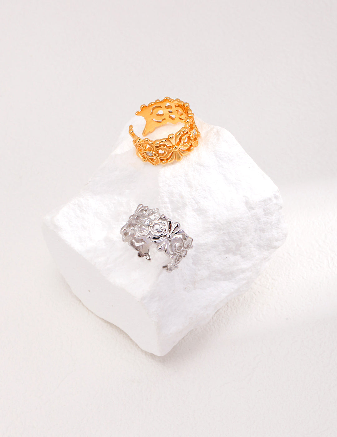 S925 Silver White/Vintage Gold Plated, Bold Cocktail Ring,Adjustable Statement Ring Size 14-20