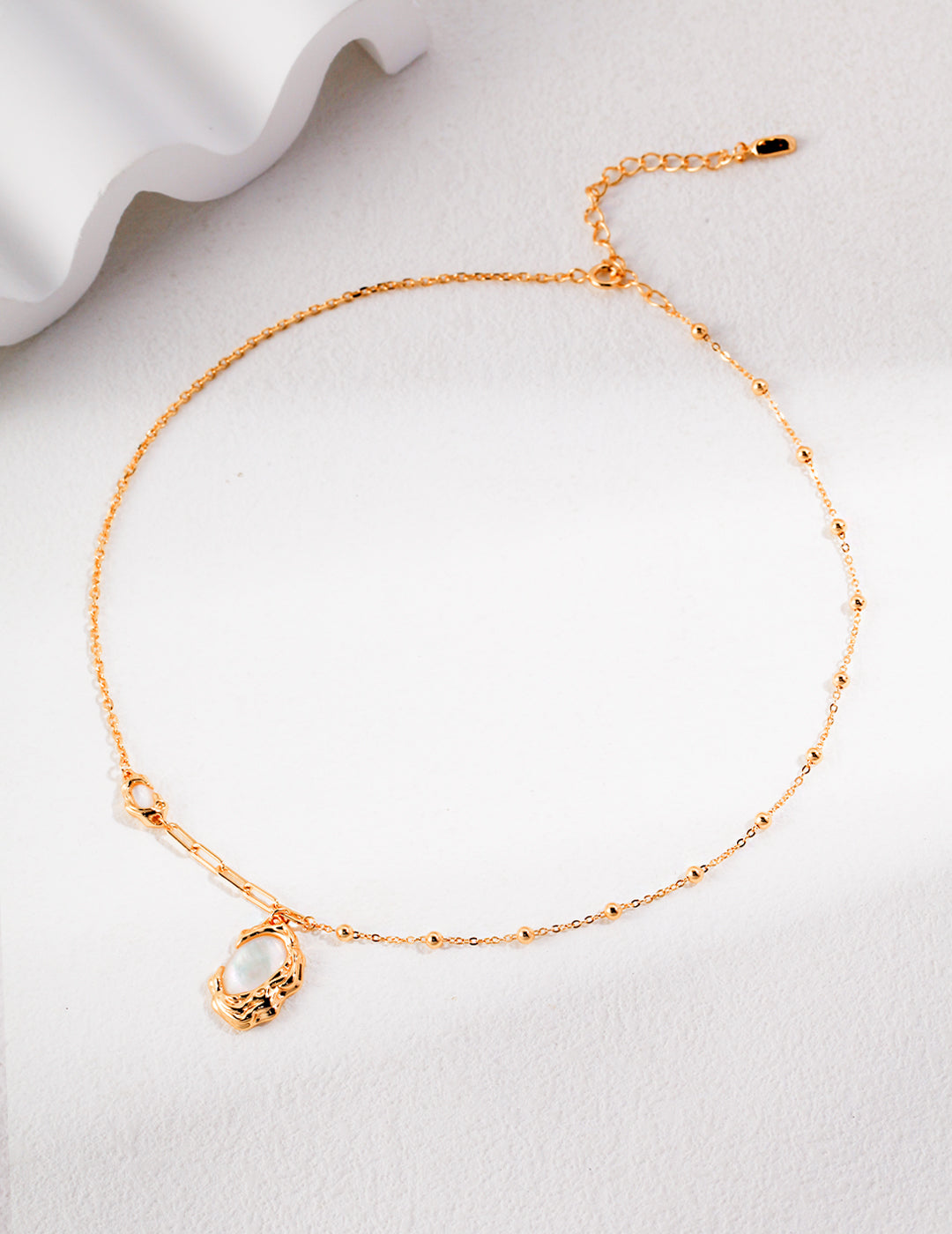 S925 Sterling Silver - White Gold & Vintage Gold Plated Mother of Pearl Necklace, Iridescent Shell Pendant Adjustable Chain