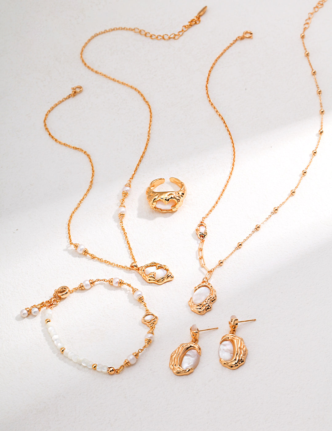 S925 Sterling Silver - White Gold & Vintage Gold Plated Mother of Pearl Necklace, Iridescent Shell Pendant Adjustable Chain