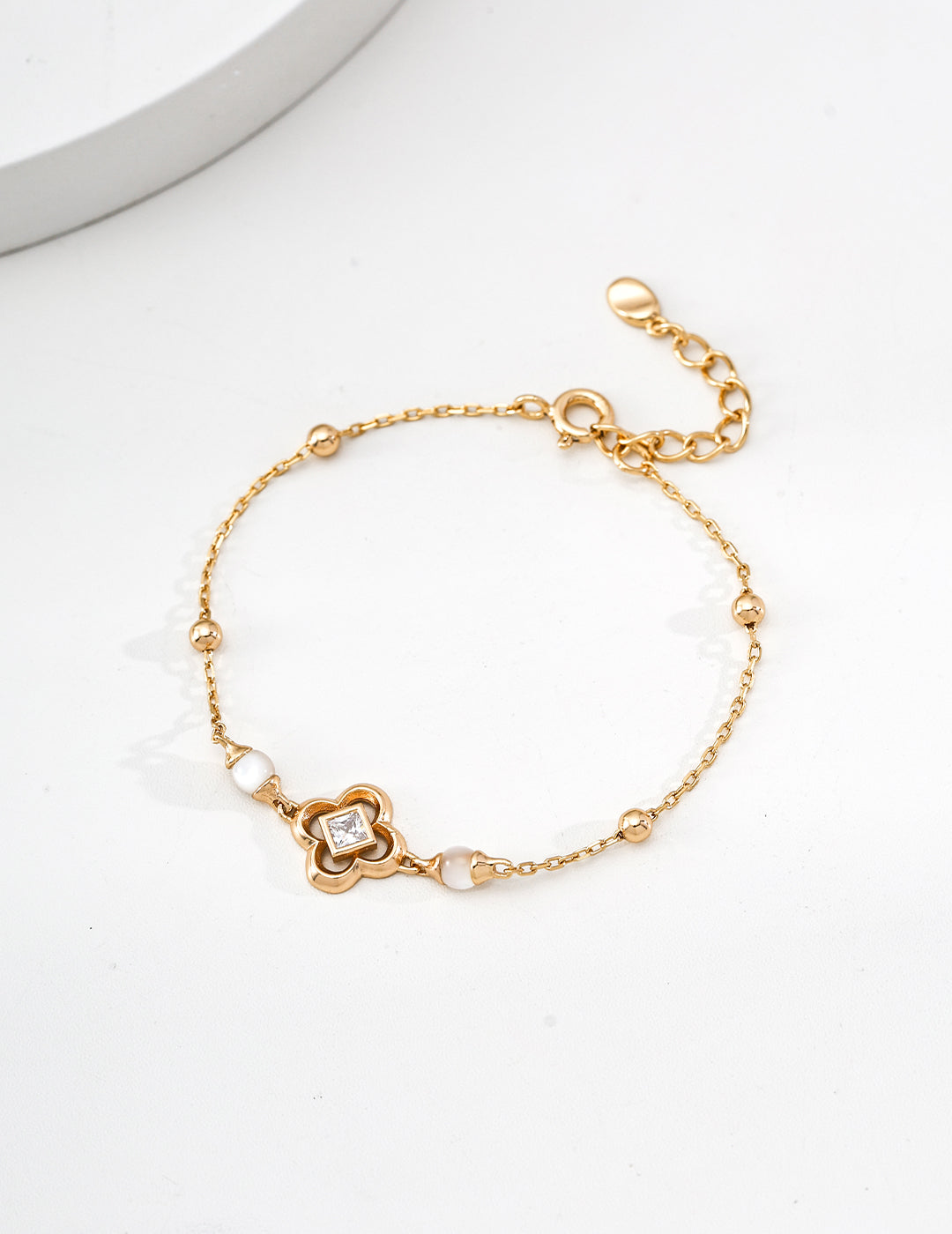 S925 Sterling Silver Vintage Shell & Cubic Zirconia Jewelry Set - Adjustable Necklace & Bracelet
