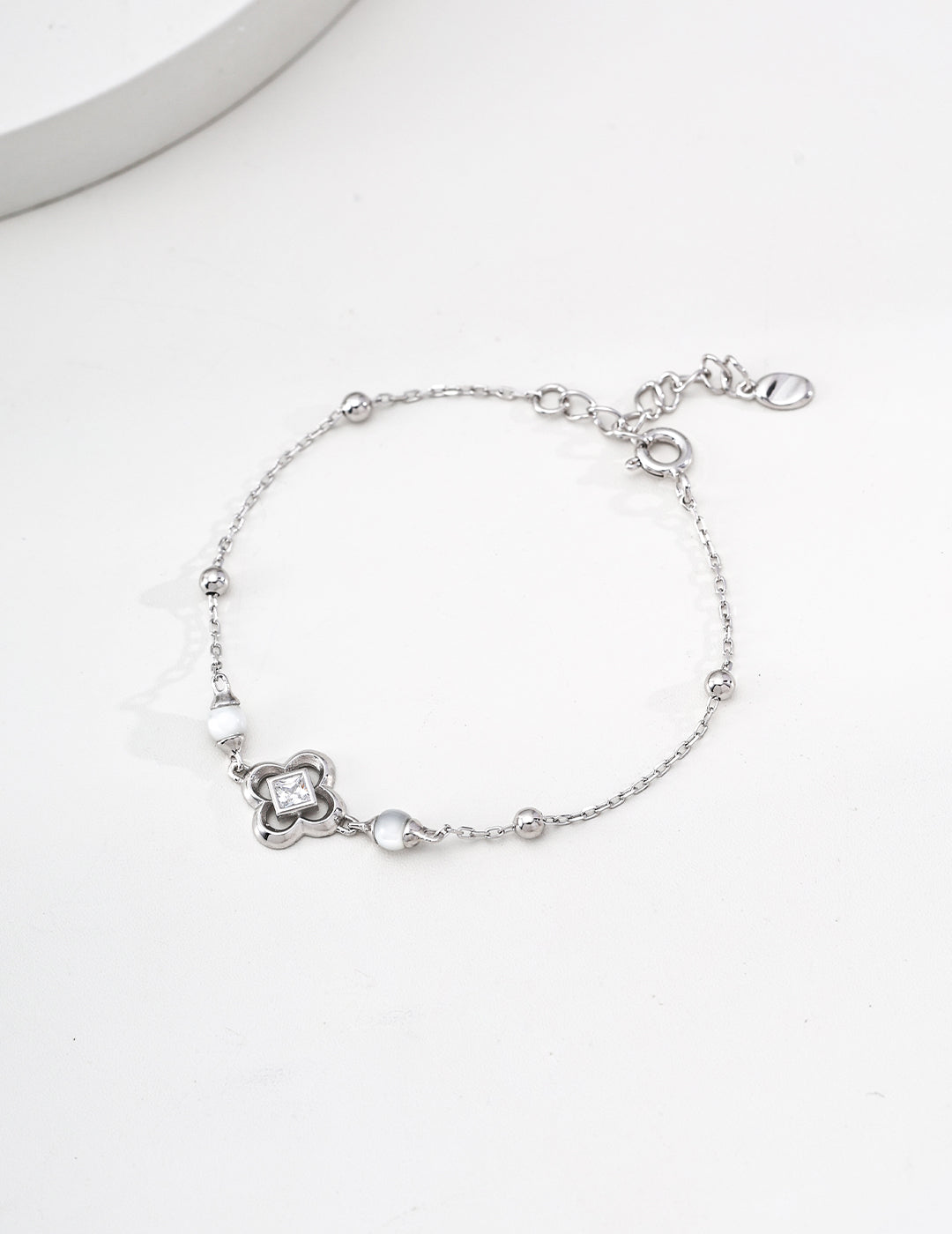 S925 Sterling Silver Vintage Shell & Cubic Zirconia Jewelry Set - Adjustable Necklace & Bracelet