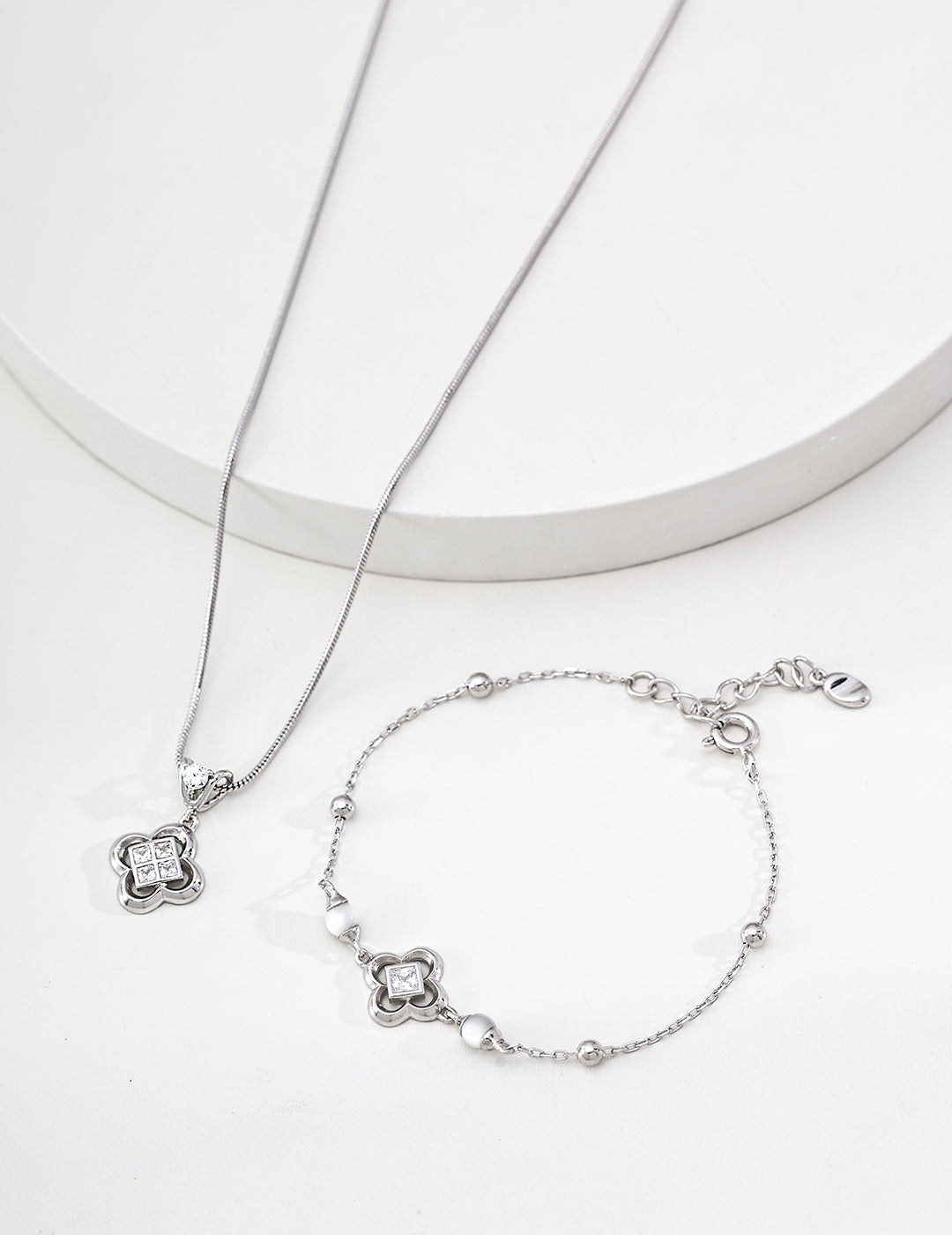 S925 Sterling Silver Vintage Shell & Cubic Zirconia Jewelry Set - Adjustable Necklace & Bracelet