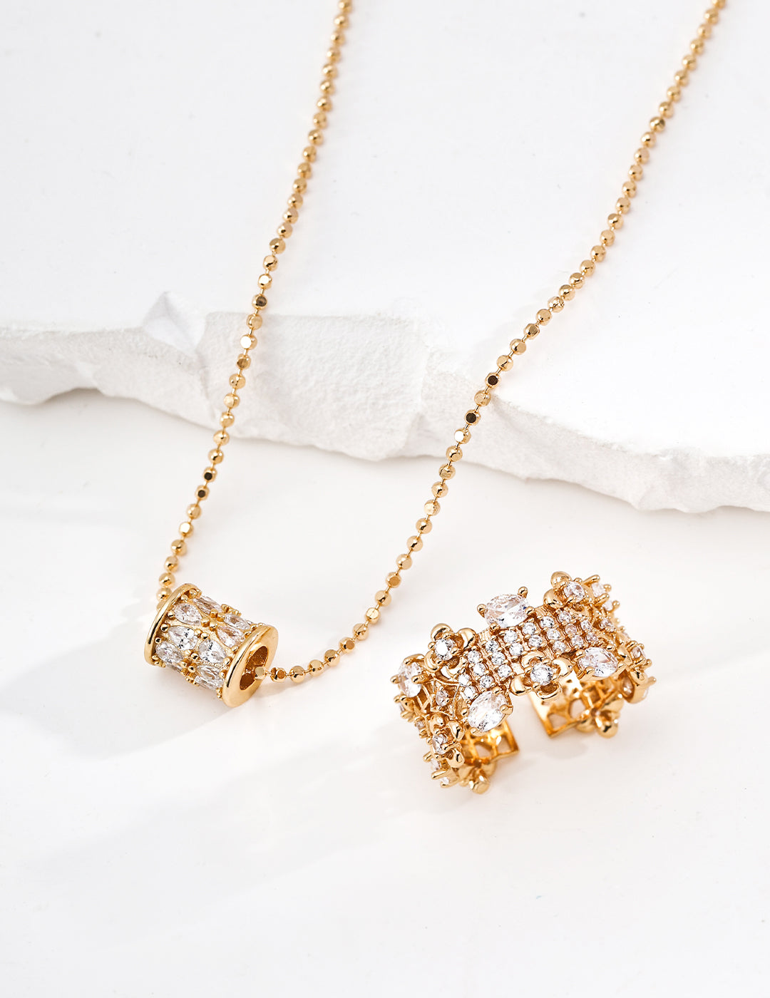 S925 Sterling Silver Fashion Cubic Zirconia Jewelry Set - Adjustable Necklace & Ring