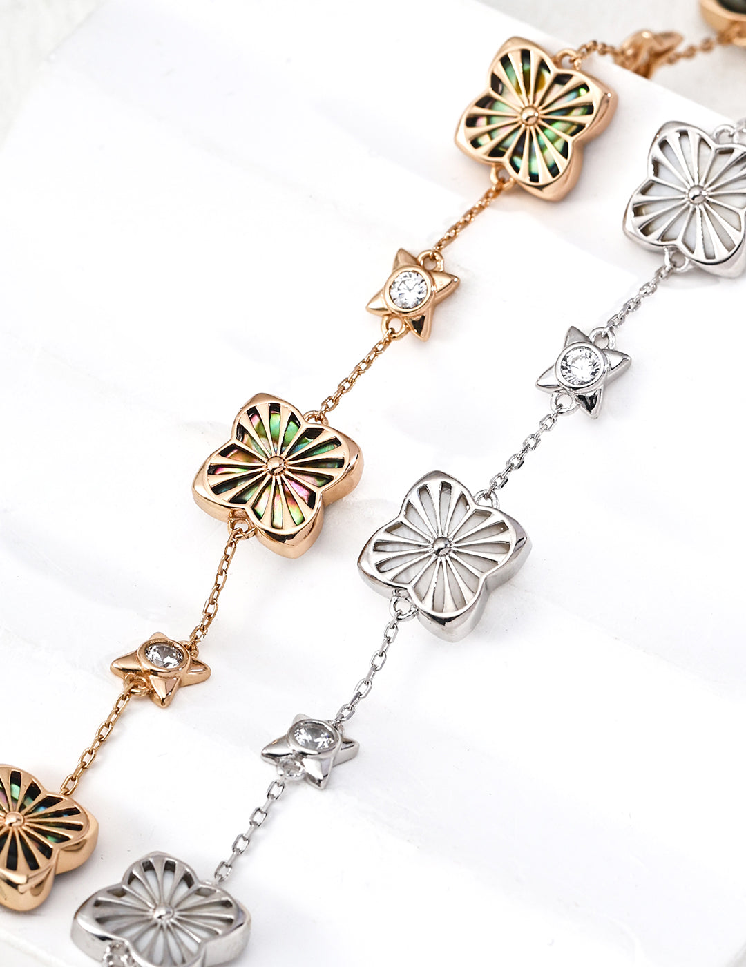 S925 Sterling Silver Modern Clover Shell & Cubic Zirconia Jewelry Set-Adjustable Bracelet & Earrings