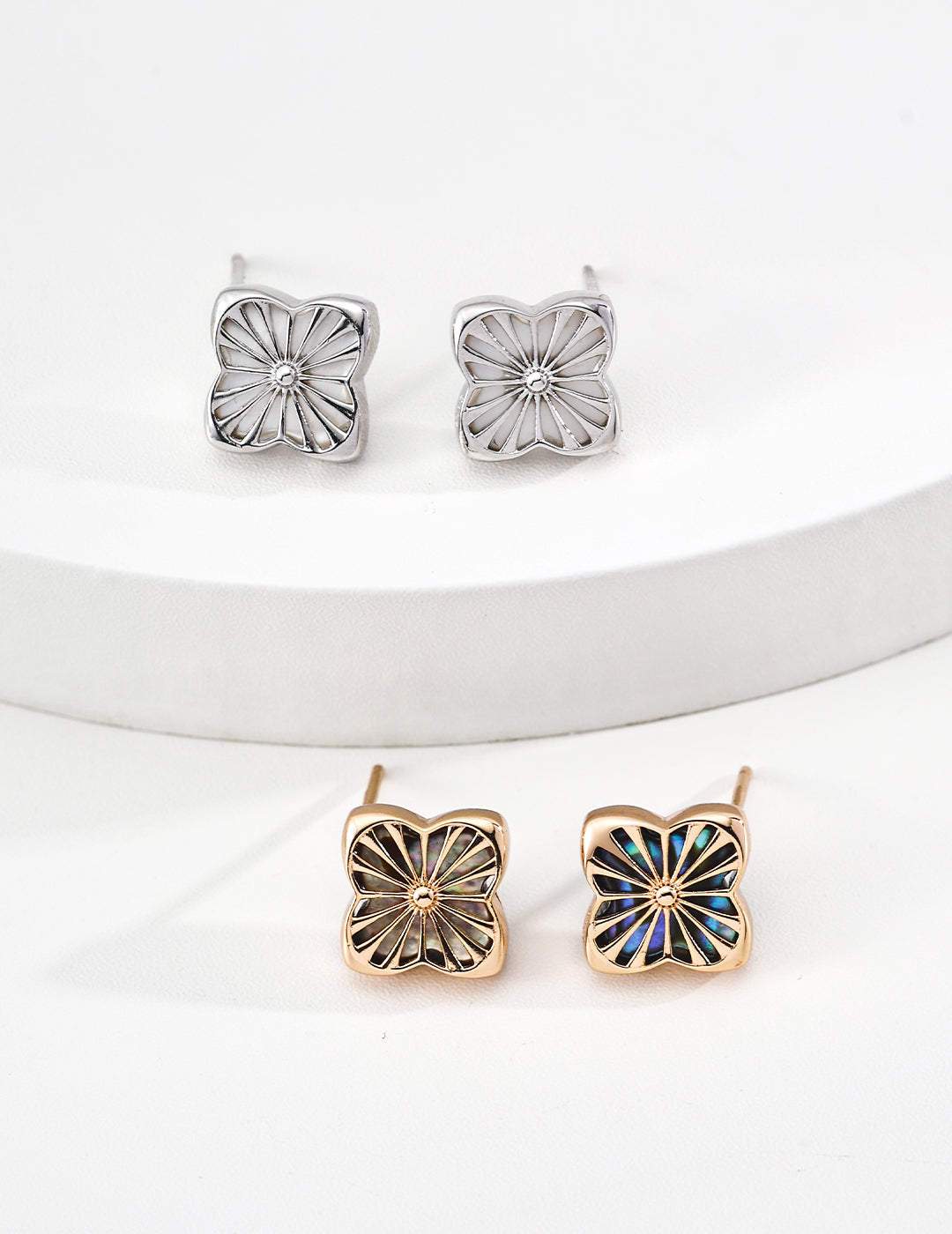 S925 Sterling Silver Modern Clover Shell & Cubic Zirconia Jewelry Set-Adjustable Bracelet & Earrings