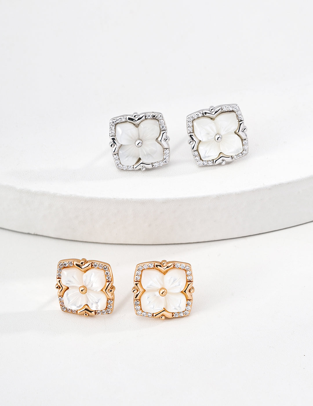 S925 Sterling Silver Vintage Royal Clover Shell & Cubic Zirconia Ring & Earrings & Necklace Set