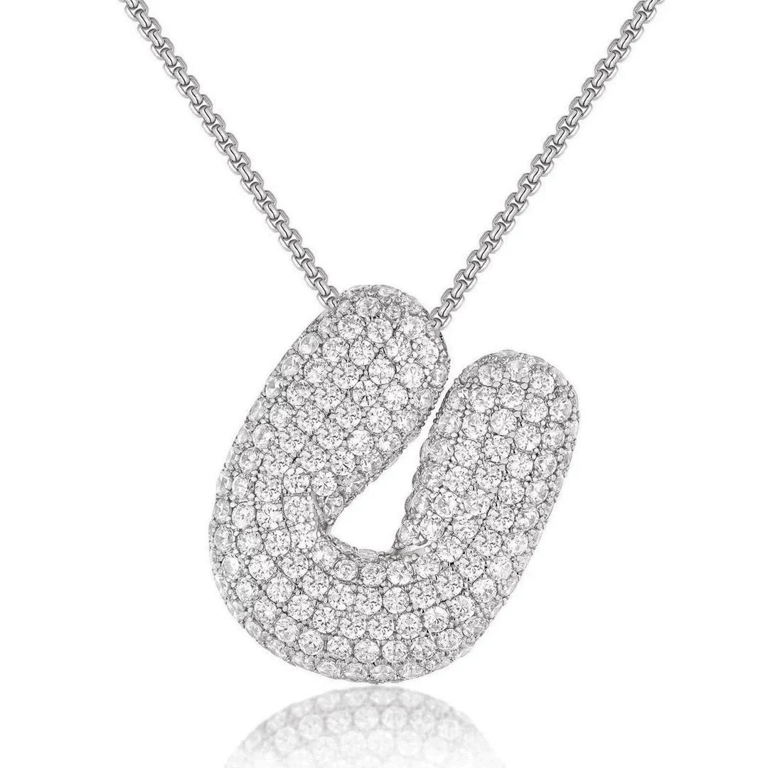 Fashion Bubble Letter Necklace – 26 Initial Pendant with Sparkling Zircon Design