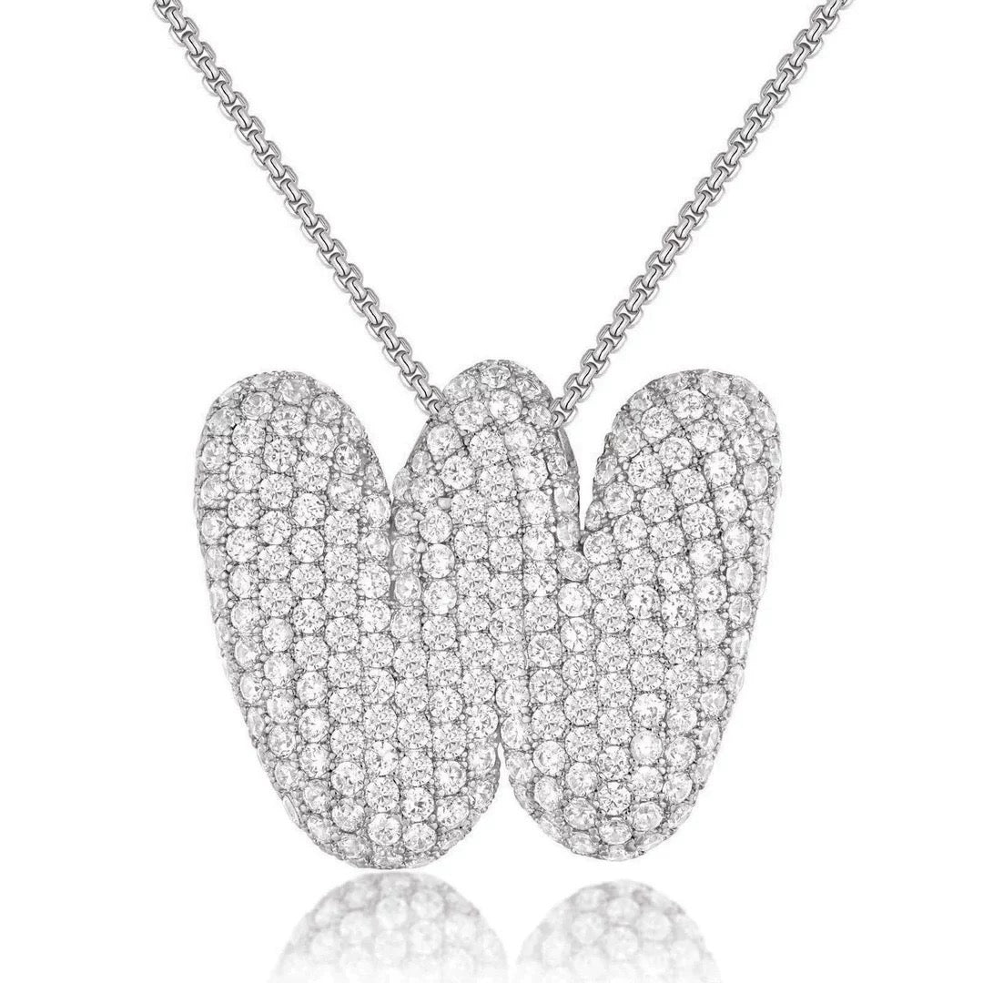 Fashion Bubble Letter Necklace – 26 Initial Pendant with Sparkling Zircon Design
