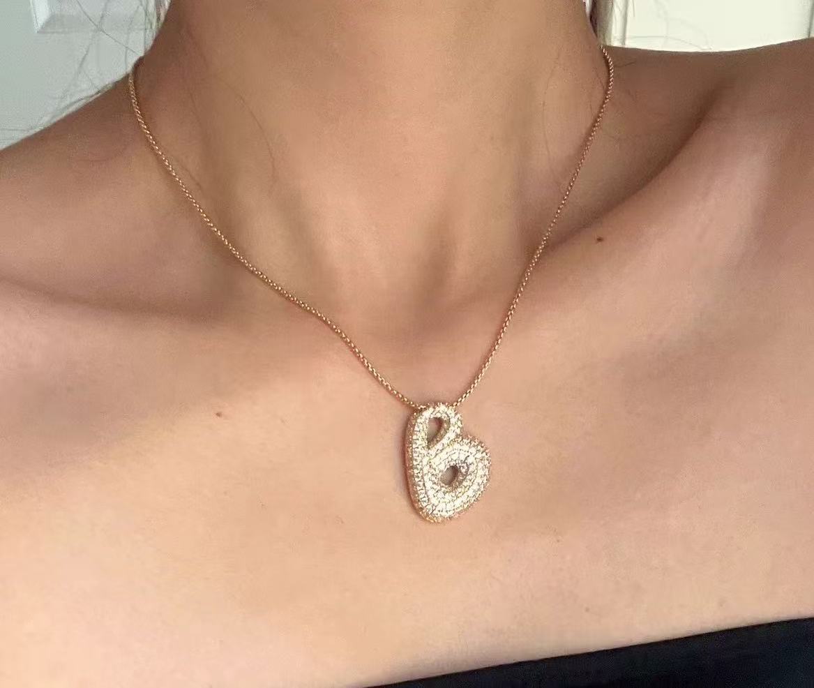 Fashion Bubble Letter Necklace – 26 Initial Pendant with Sparkling Zircon Design