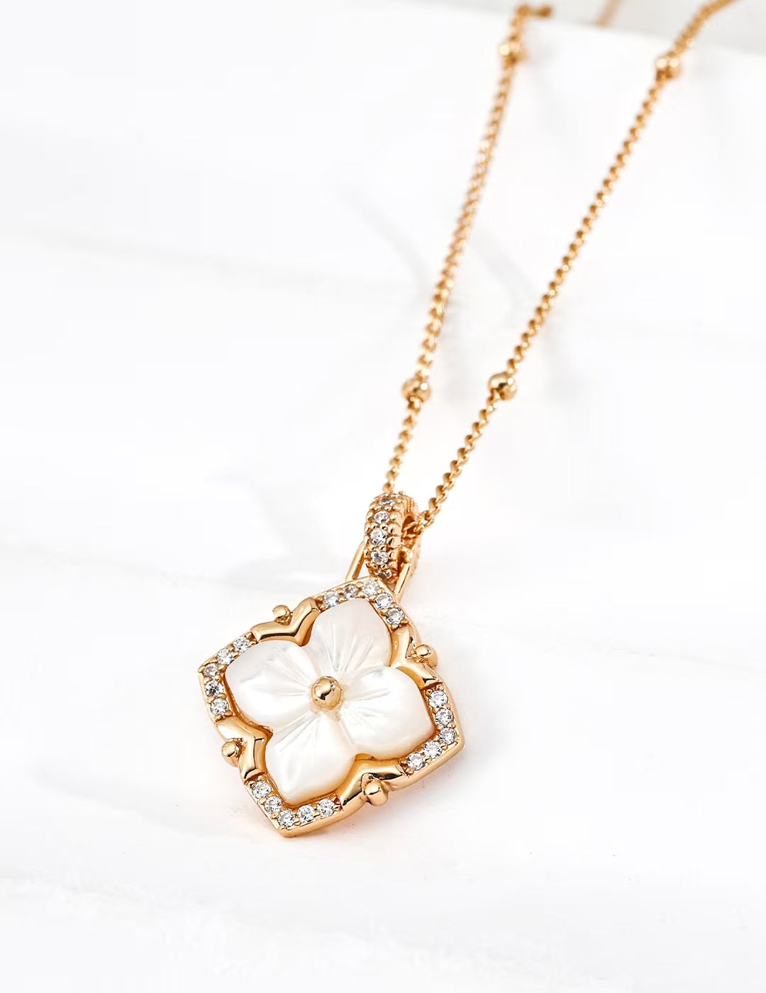 S925 Sterling Silver Vintage Royal Clover Shell & Cubic Zirconia Ring & Earrings & Necklace Set