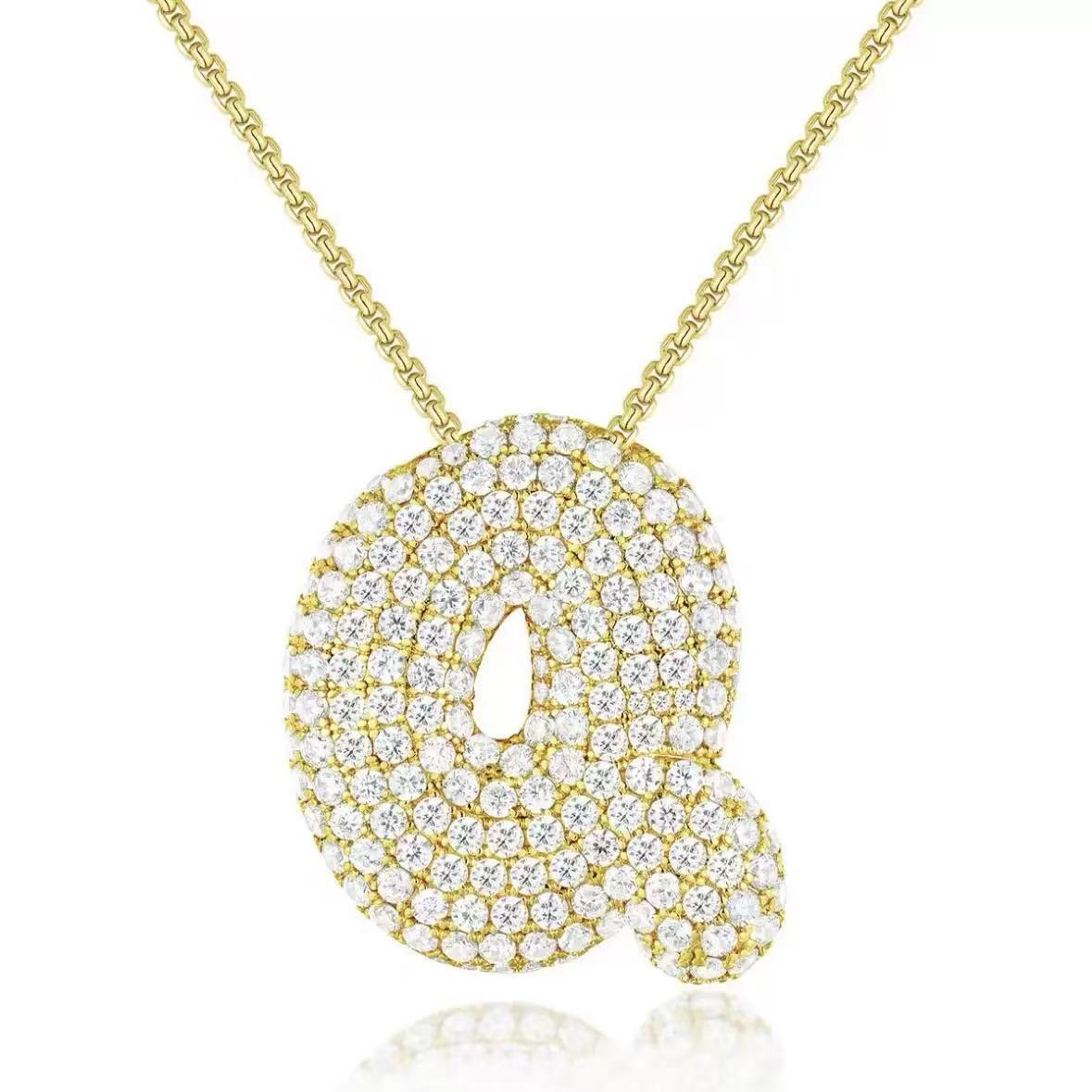 Fashion Bubble Letter Necklace – 26 Initial Pendant with Sparkling Zircon Design
