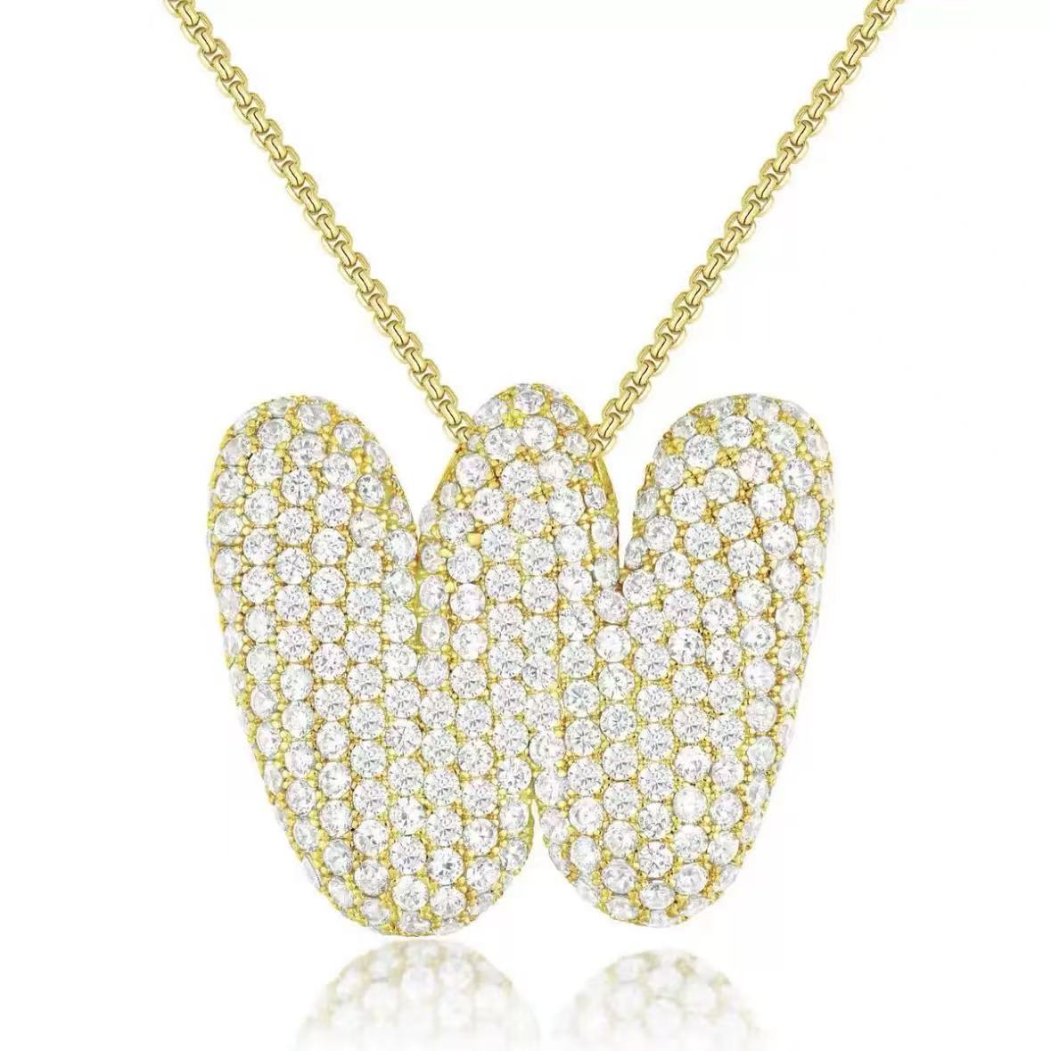 Fashion Bubble Letter Necklace – 26 Initial Pendant with Sparkling Zircon Design