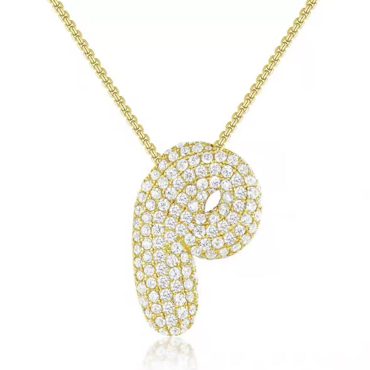 Fashion Bubble Letter Necklace – 26 Initial Pendant with Sparkling Zircon Design