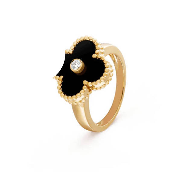 Black onyx clover leaf ring with 18K gold plating