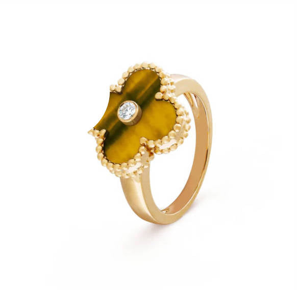 Tiger eye clover leaf ring with 18K gold plating