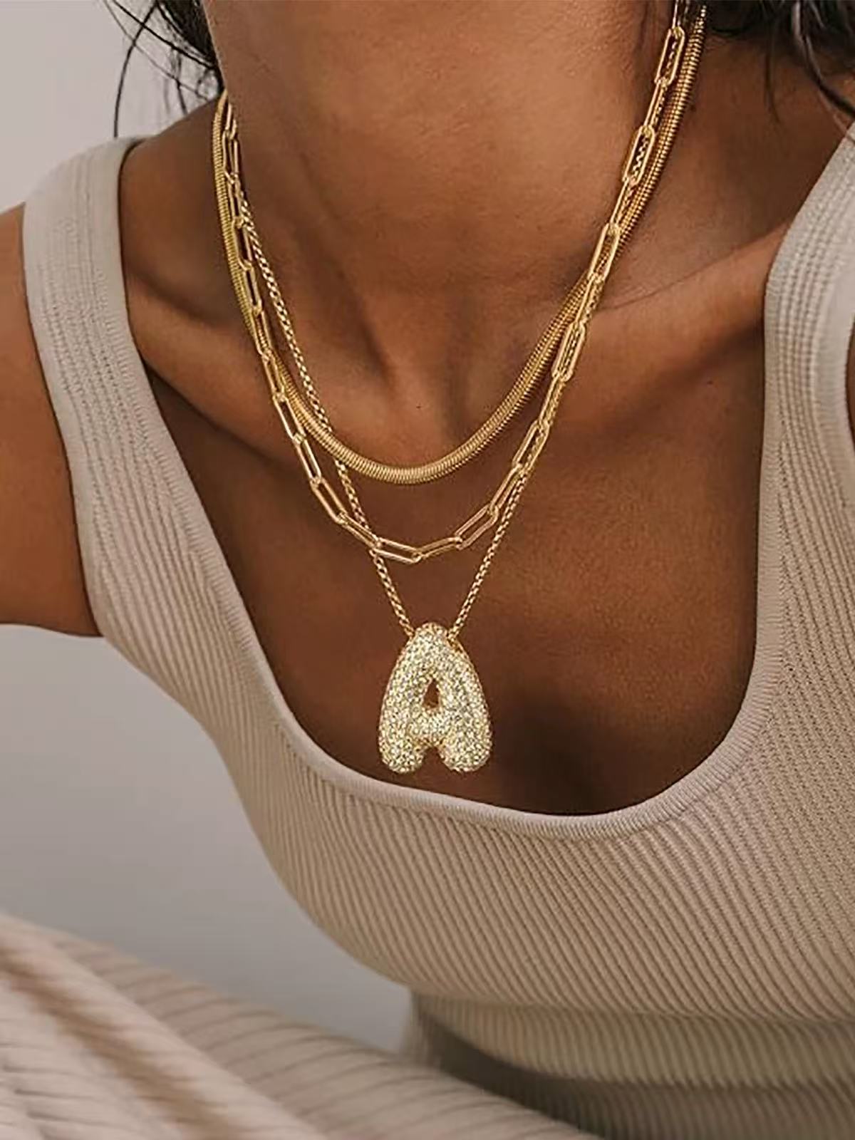 Fashion Bubble Letter Necklace – 26 Initial Pendant with Sparkling Zircon Design
