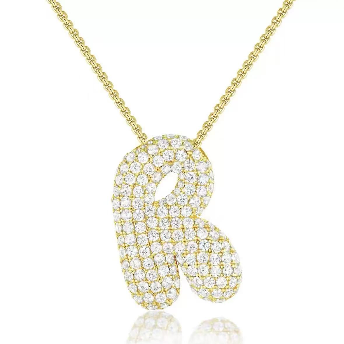 Fashion Bubble Letter Necklace – 26 Initial Pendant with Sparkling Zircon Design