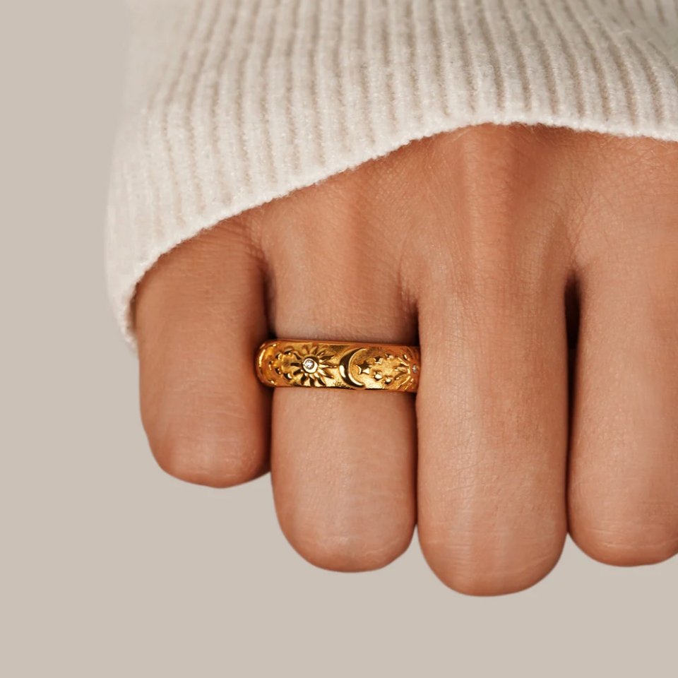 18K Gold-Plated Stainless Steel Celestial Crystal Ring