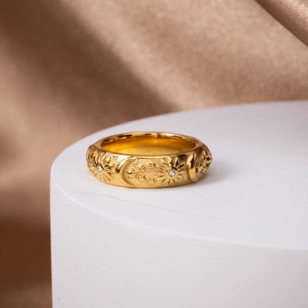 18K Gold-Plated Stainless Steel Celestial Crystal Ring
