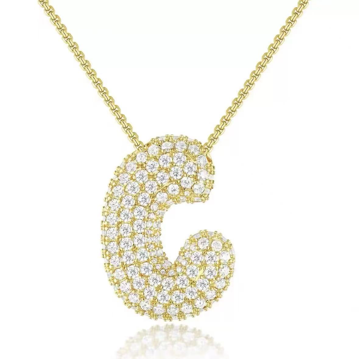 Fashion Bubble Letter Necklace – 26 Initial Pendant with Sparkling Zircon Design