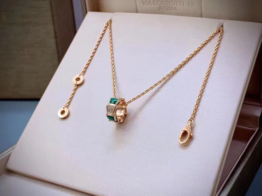 Chivo Boutique Serpenti Necklace,925 Silver,18k Rose Gold Plated,Green Agate