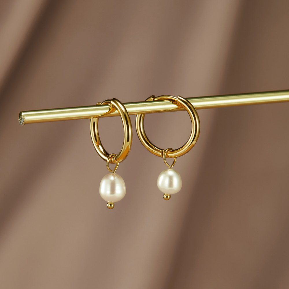 18K Gold-Plated Stainless Steel Freshwater Pearl Hoop Earrings