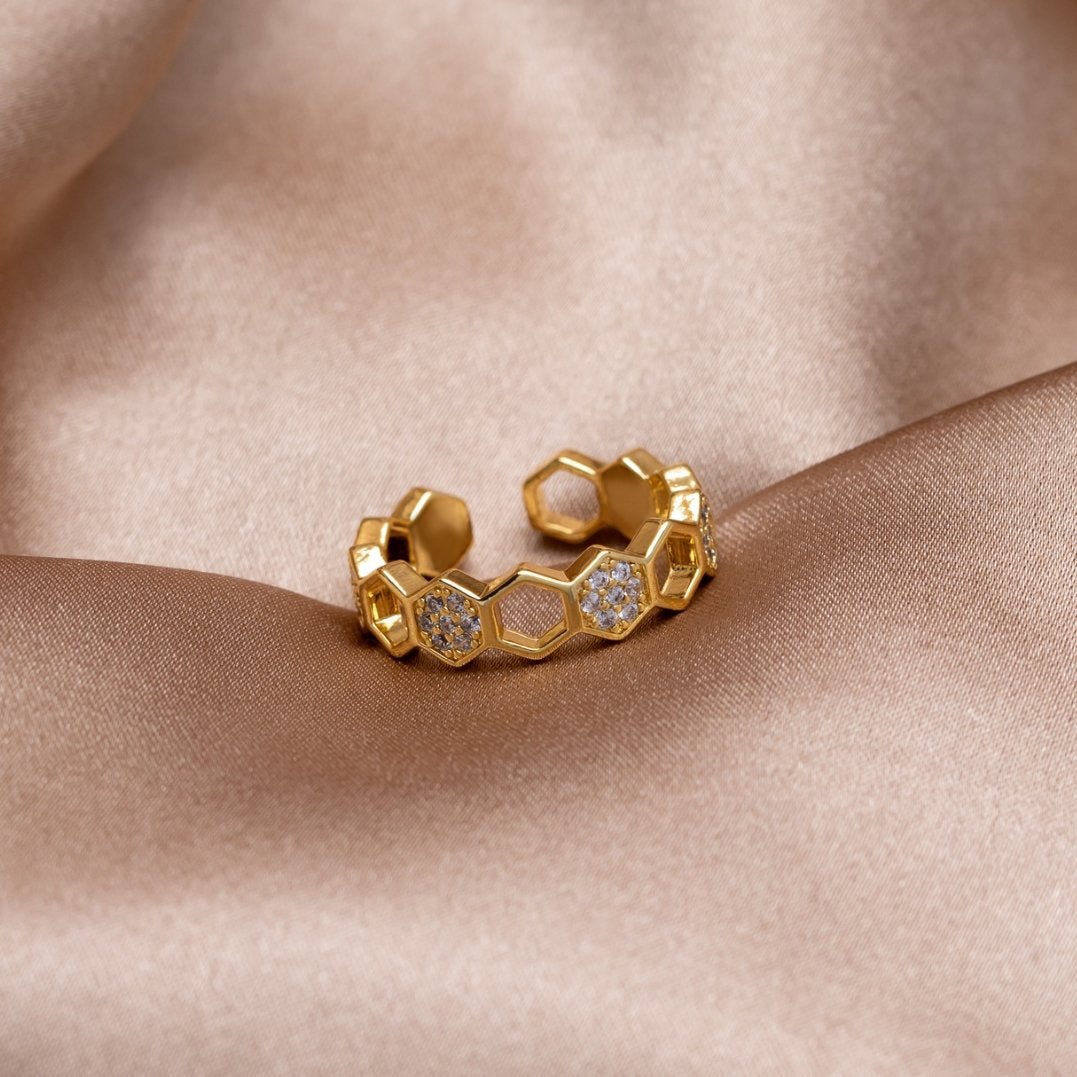 18K Gold-Plated Stainless Steel Crystal Honeycomb Ring