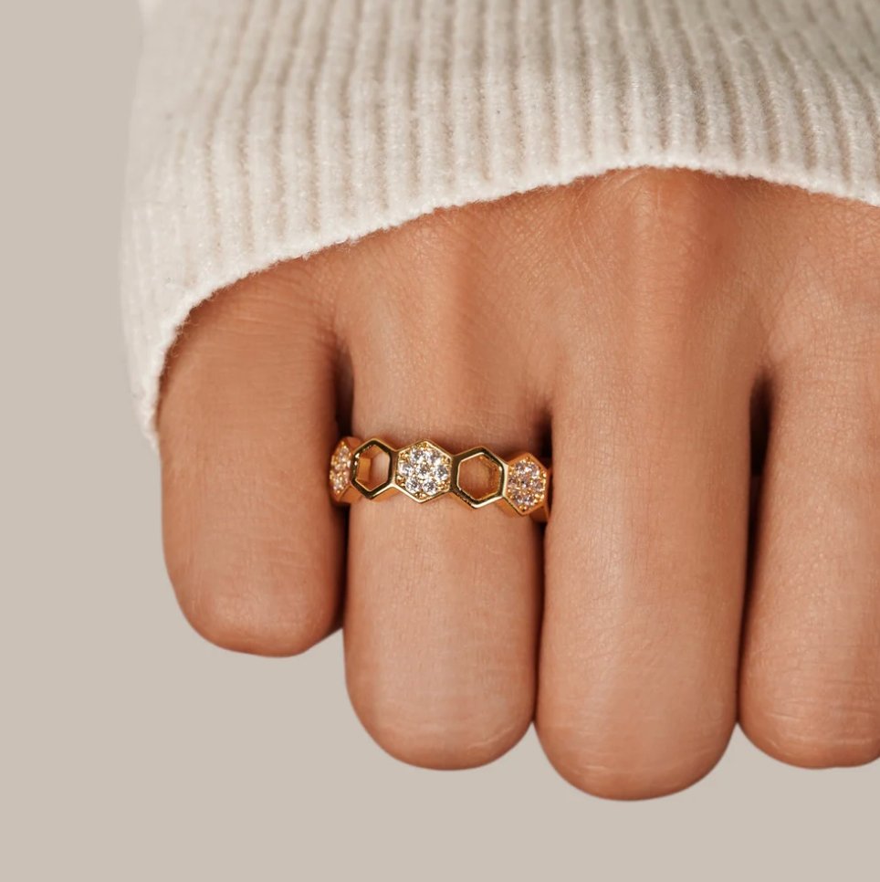 18K Gold-Plated Stainless Steel Crystal Honeycomb Ring