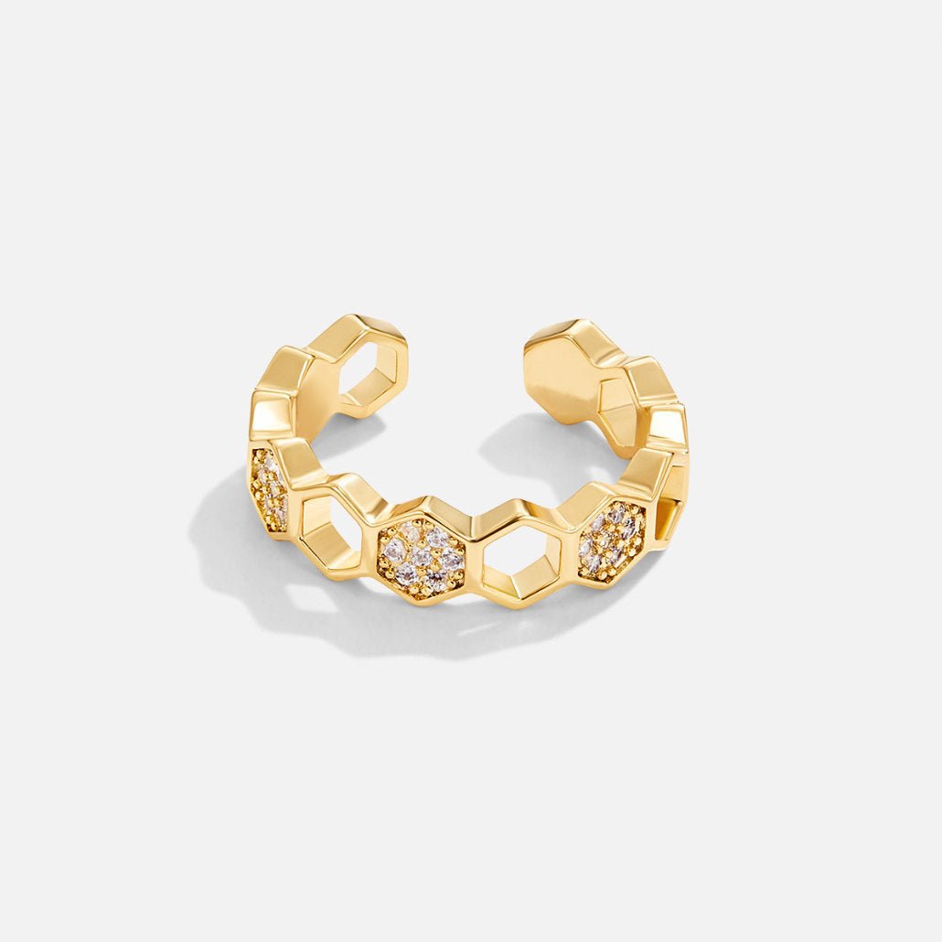 18K Gold-Plated Stainless Steel Crystal Honeycomb Ring