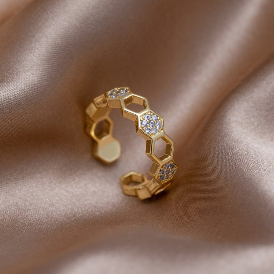 18K Gold-Plated Stainless Steel Crystal Honeycomb Ring
