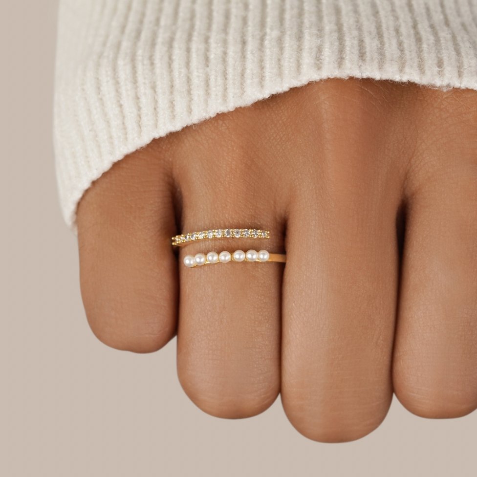 18K Gold-Plated Stainless Steel Wrap Ring with Pearl and Crystal